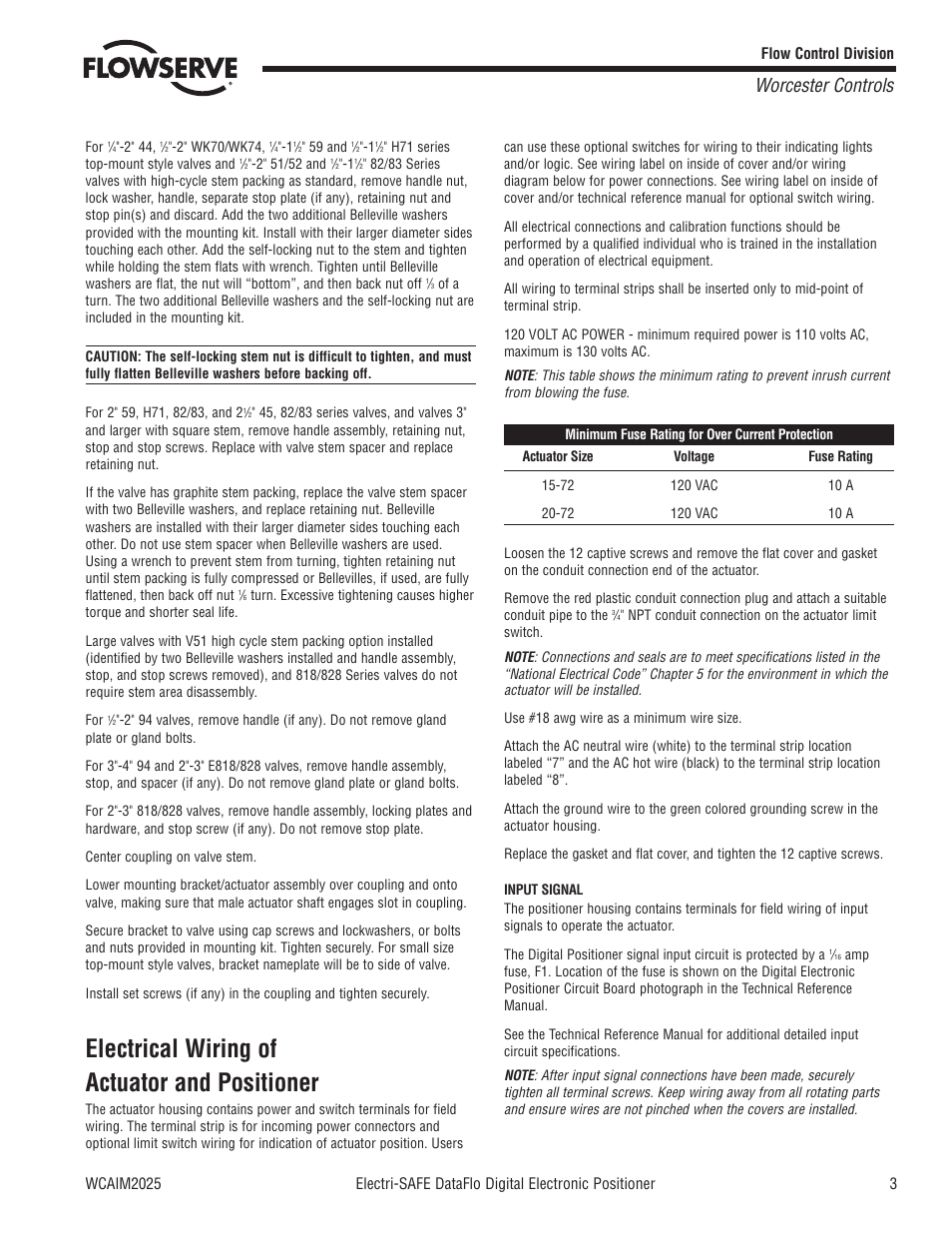 Electrical wiring of actuator and positioner, Worcester controls | Flowserve Electri-SAFE DataFlo Digital Electronic Positioner User Manual | Page 3 / 8