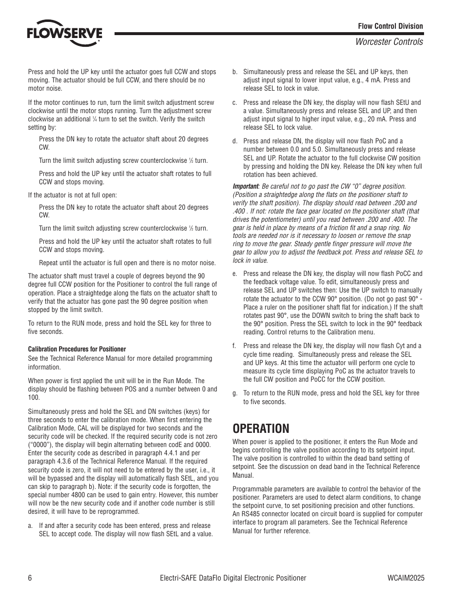 Operation, Worcester controls | Flowserve Electri-SAFE DataFlo Digital Electronic Positioner User Manual | Page 6 / 8