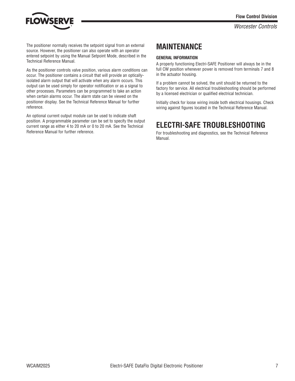 Maintenance, Electri-safe troubleshooting | Flowserve Electri-SAFE DataFlo Digital Electronic Positioner User Manual | Page 7 / 8