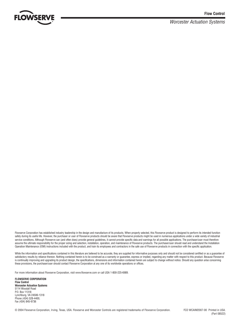 Worcester actuation systems, Flow control | Flowserve 36 Series Electric Actuator User Manual | Page 8 / 8