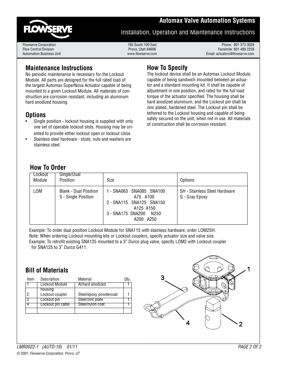 Bill of materials how to specify, Maintenance instructions, Options | How to order | Flowserve Lockout Module User Manual | Page 2 / 2