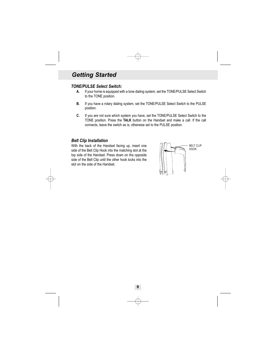 Getting started, Belt clip installation, Tone/pulse select switch | Curtis TC972 User Manual | Page 10 / 19