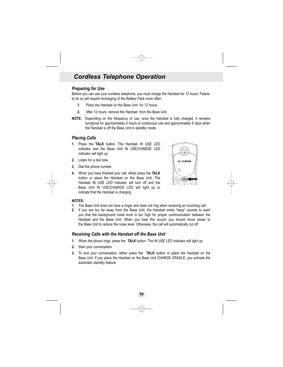 Cordless telephone operation, Preparing for use, Placing calls | Receiving calls with the handset off the base unit | Curtis TC972 User Manual | Page 11 / 19