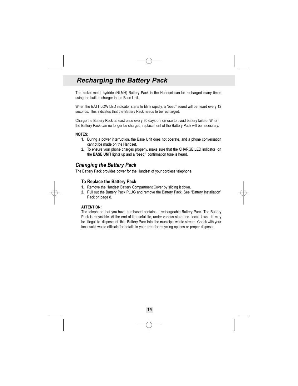 Recharging the battery pack, Changing the battery pack | Curtis TC972 User Manual | Page 15 / 19