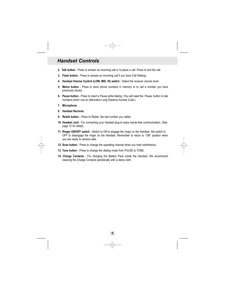 Handset controls | Curtis TC972 User Manual | Page 6 / 19