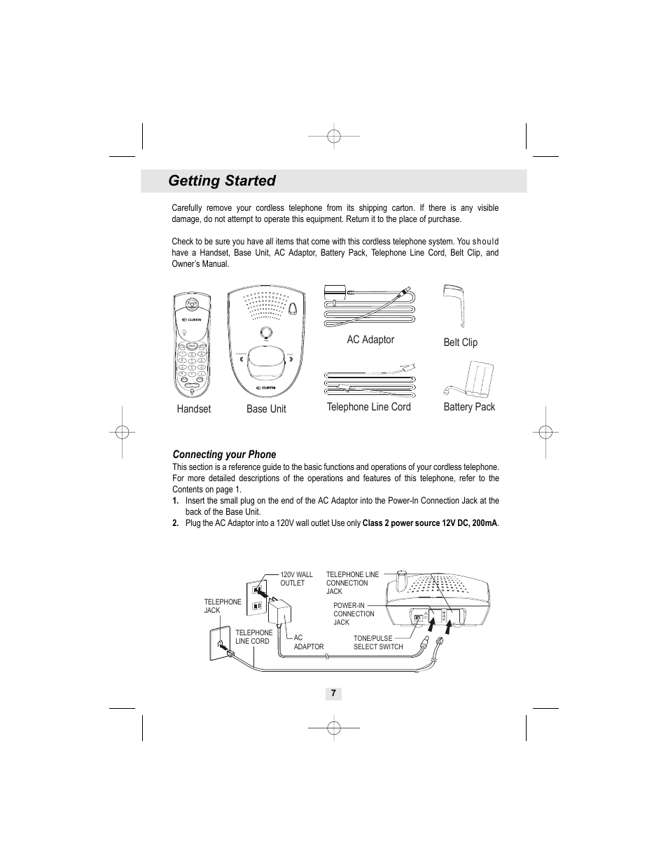 Getting started, Connecting your phone | Curtis TC972 User Manual | Page 8 / 19