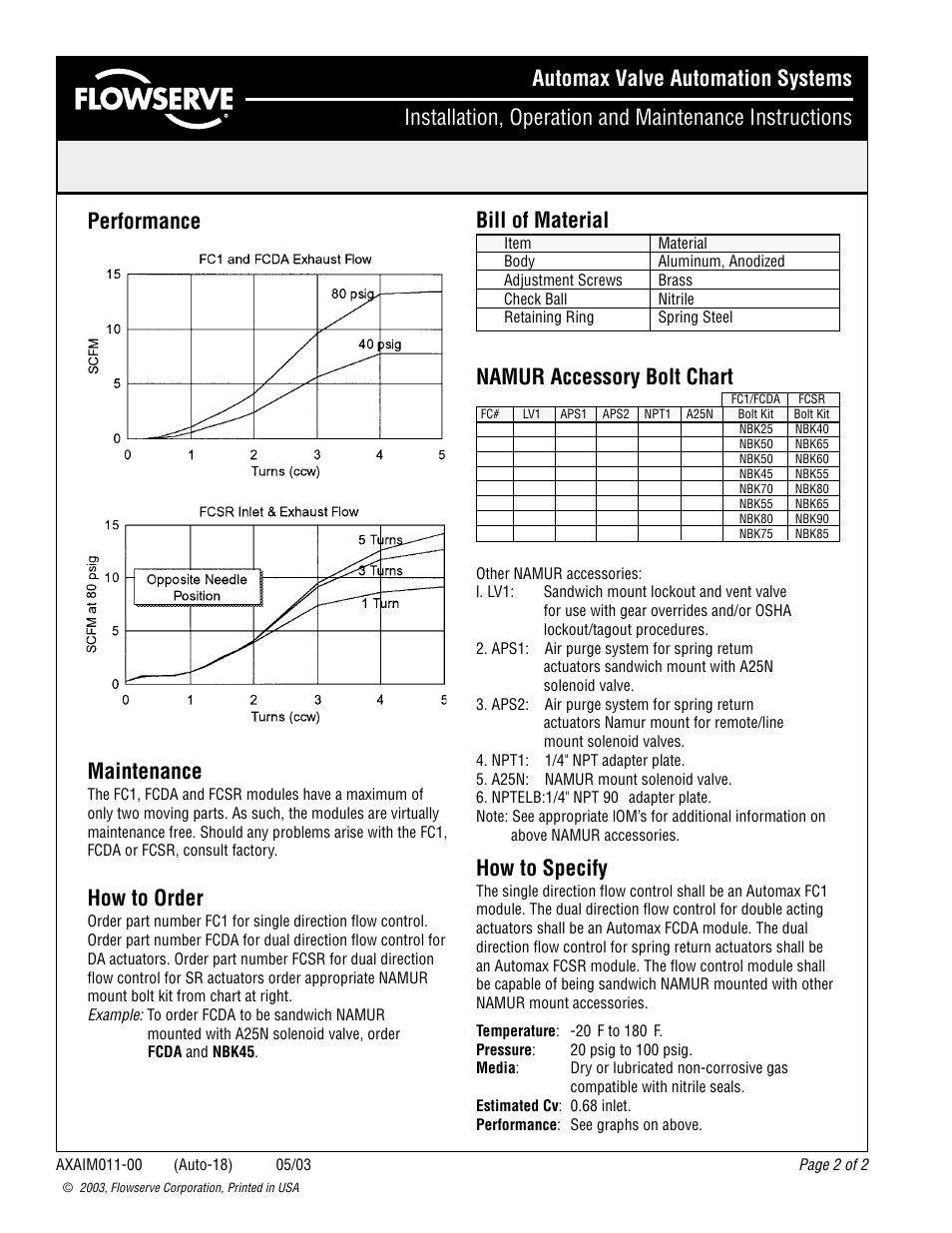 Performance maintenance, How to order, Bill of material | Namur accessory bolt chart, How to specify | Flowserve FC1 Flow Control User Manual | Page 2 / 2
