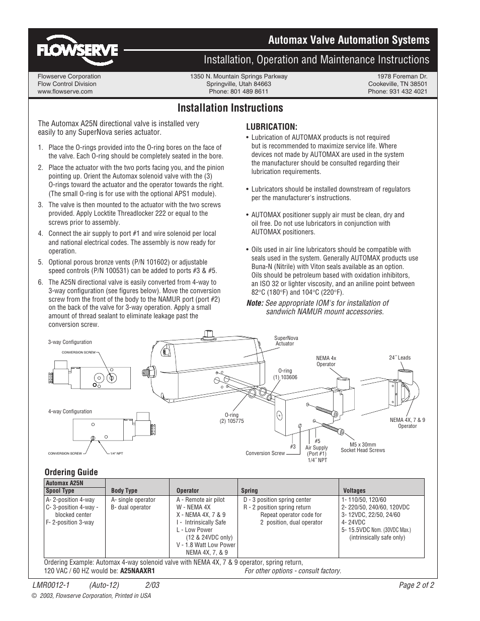 Installation instructions, Ordering guide lubrication | Flowserve A25N NAMUR Directional Valve User Manual | Page 2 / 2