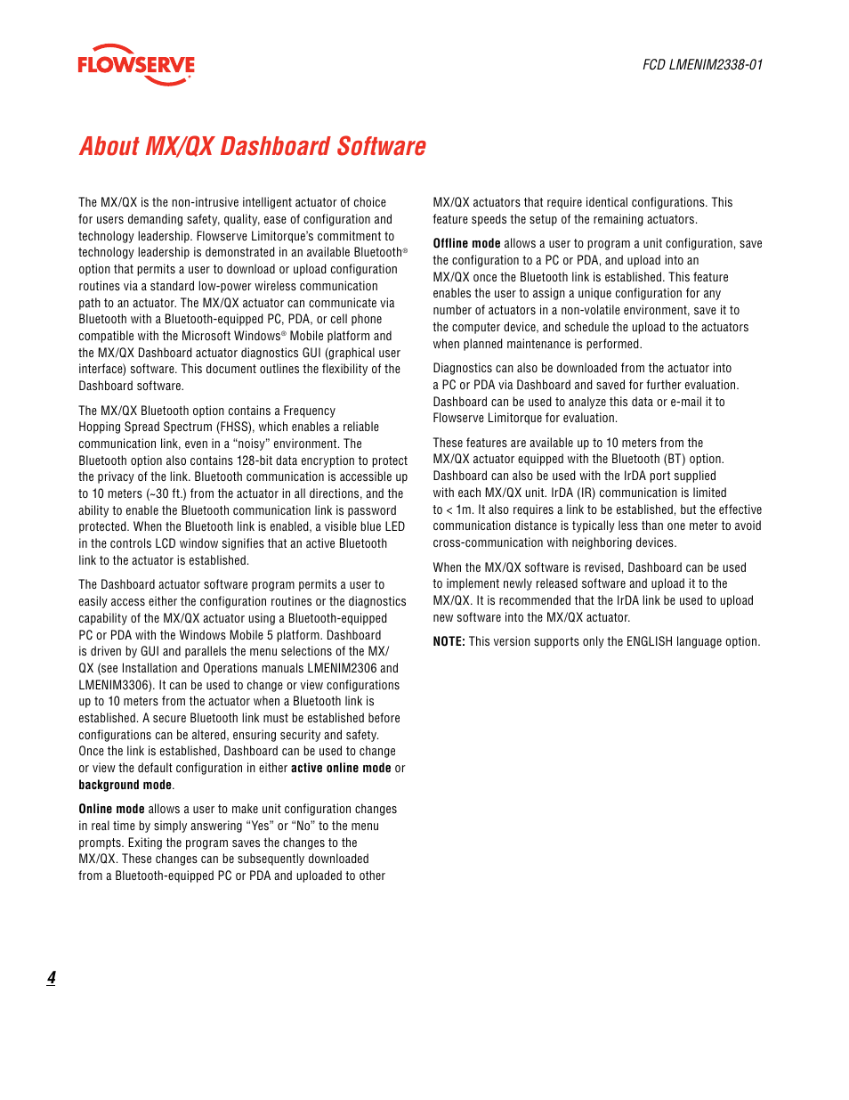 About mx/qx dashboard software | Flowserve MX Dashboard
 Limitorque User Manual | Page 4 / 28