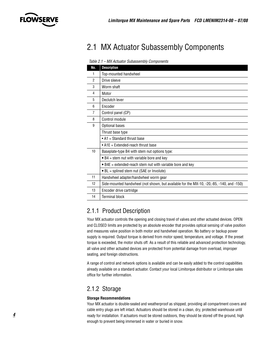 1 mx actuator subassembly components, 1 product description, 2 storage | Flowserve MX
 Limitorque User Manual | Page 12 / 164