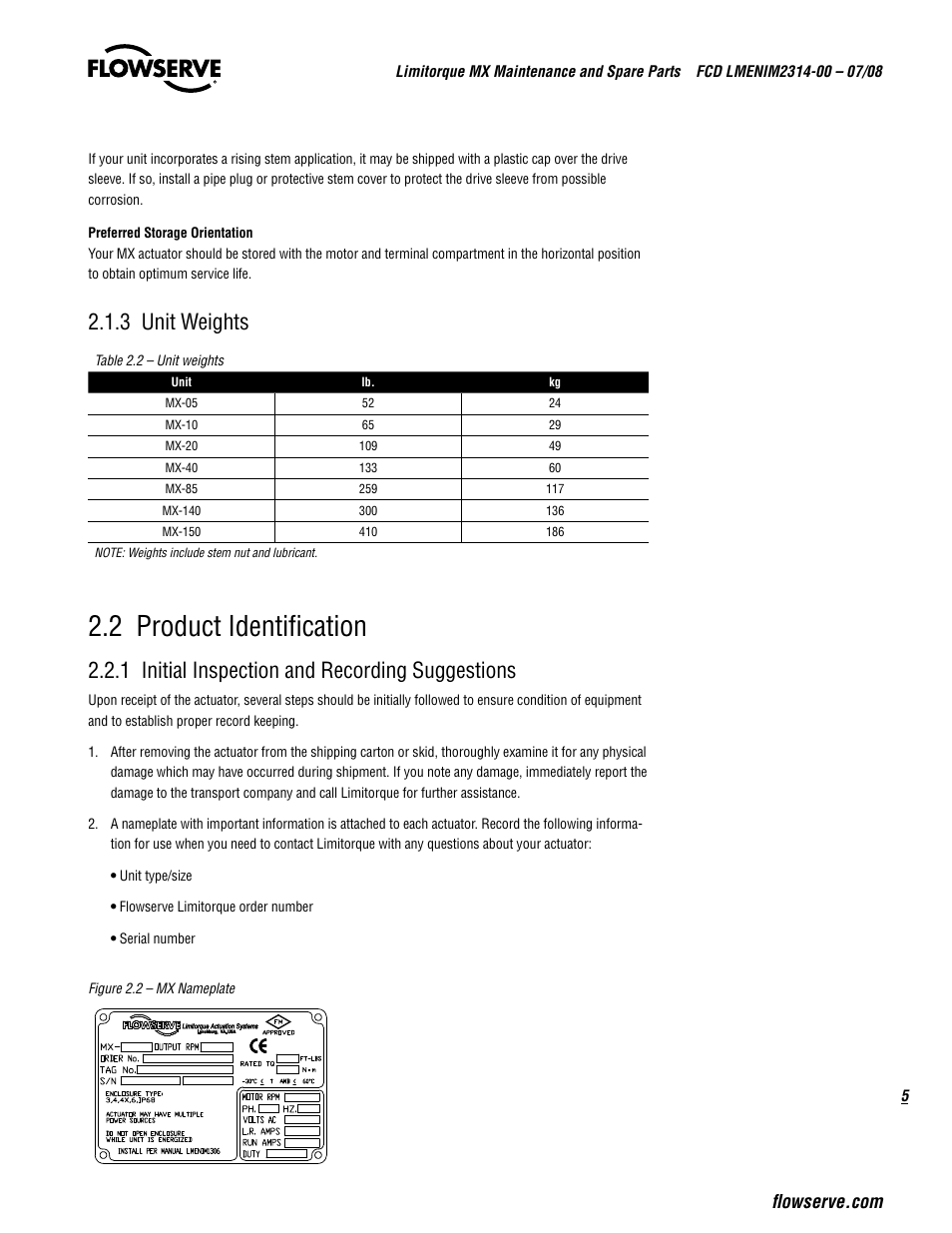 2 product identification, 3 unit weights, 1 initial inspection and recording suggestions | Flowserve MX
 Limitorque User Manual | Page 13 / 164