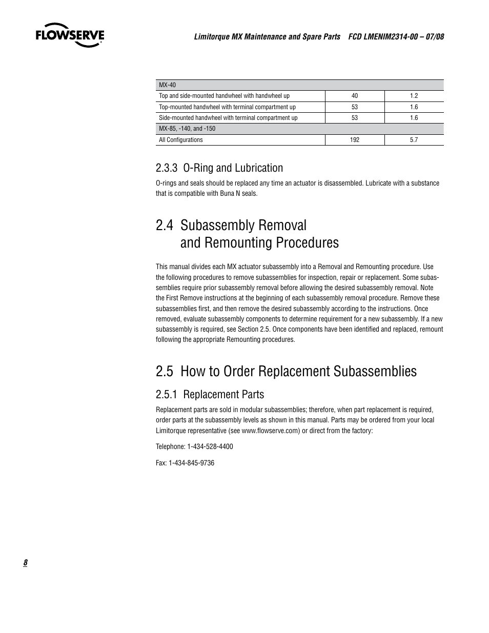 4 subassembly removal and remounting procedures, 5 how to order replacement subassemblies, 3 o-ring and lubrication | 1 replacement parts | Flowserve MX
 Limitorque User Manual | Page 16 / 164