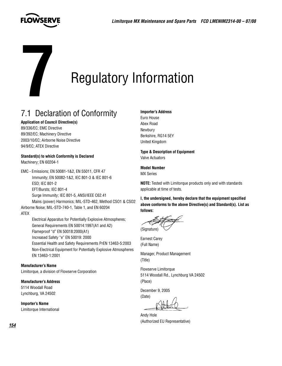 Regulatory information, 1 declaration of conformity | Flowserve MX
 Limitorque User Manual | Page 162 / 164