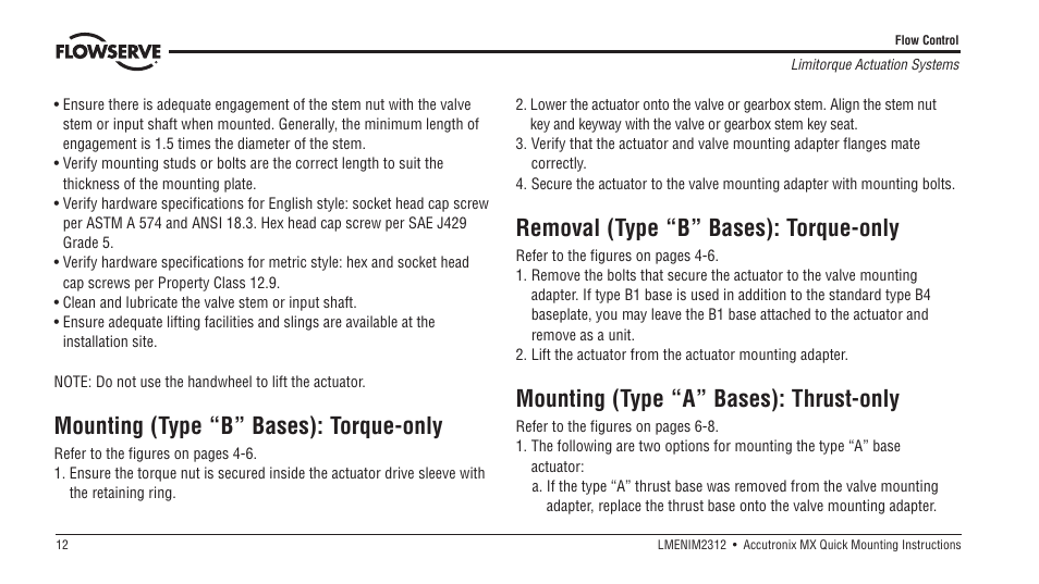 Mounting (type “b” bases): torque-only, Removal (type “b” bases): torque-only, Mounting (type “a” bases): thrust-only | Flowserve MX Accutronix User Manual | Page 12 / 16