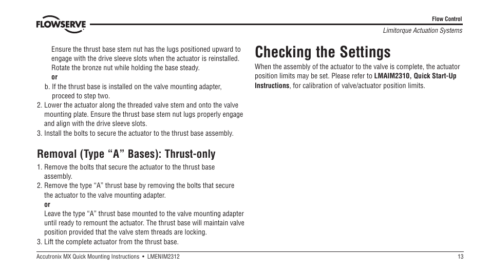 Checking the settings, Removal (type “a” bases): thrust-only | Flowserve MX Accutronix User Manual | Page 13 / 16