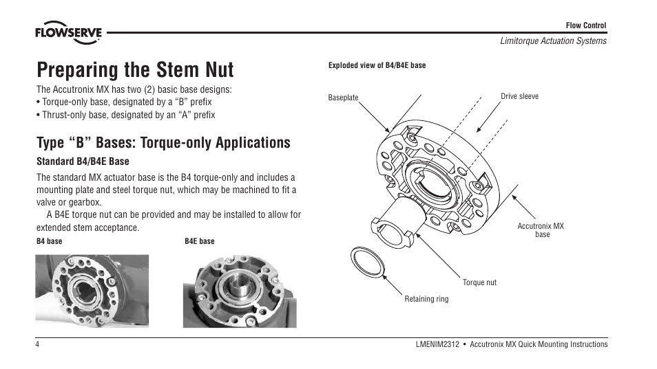 Preparing the stem nut, Type “b” bases: torque-only applications | Flowserve MX Accutronix User Manual | Page 4 / 16