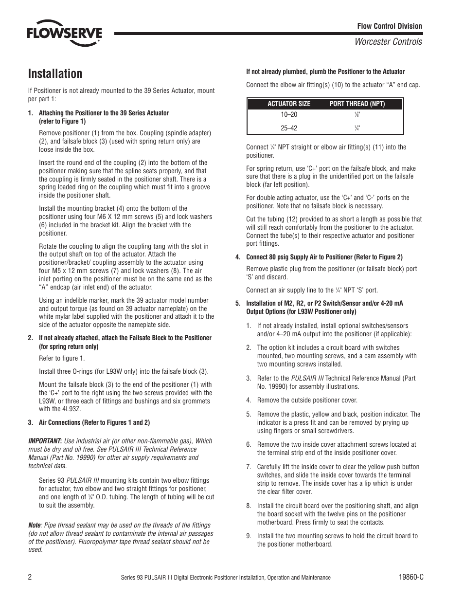 Installation, Worcester controls | Flowserve 93 Series PULSAIR III User Manual | Page 2 / 8
