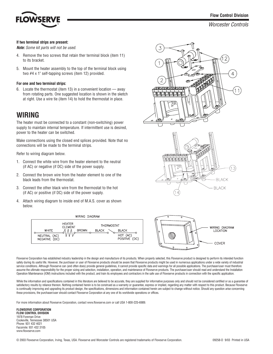 Wiring, Worcester controls | Flowserve 90 Series Heater Kit User Manual | Page 2 / 2