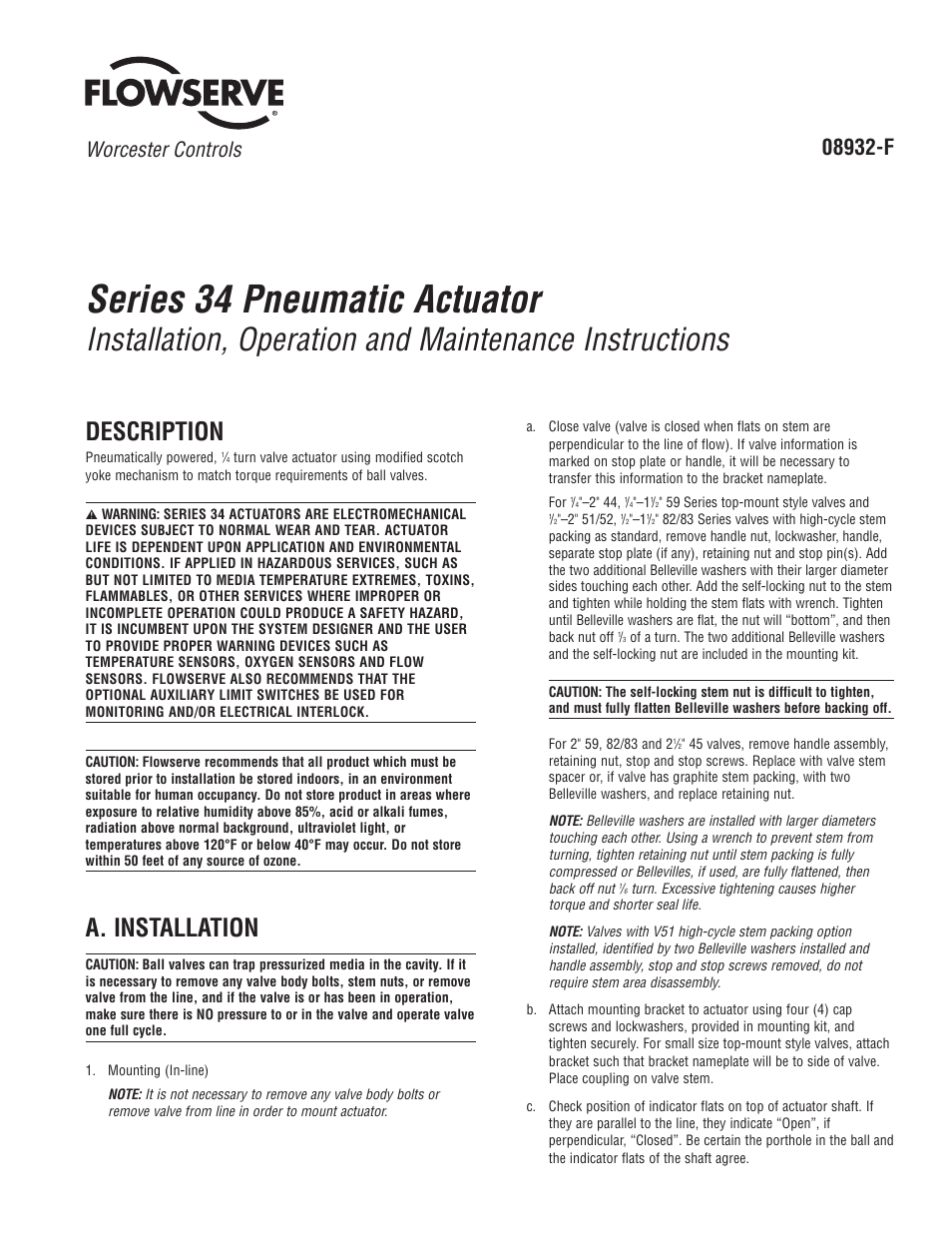 Flowserve 34 Series Pneumatic Actuator User Manual | 4 pages