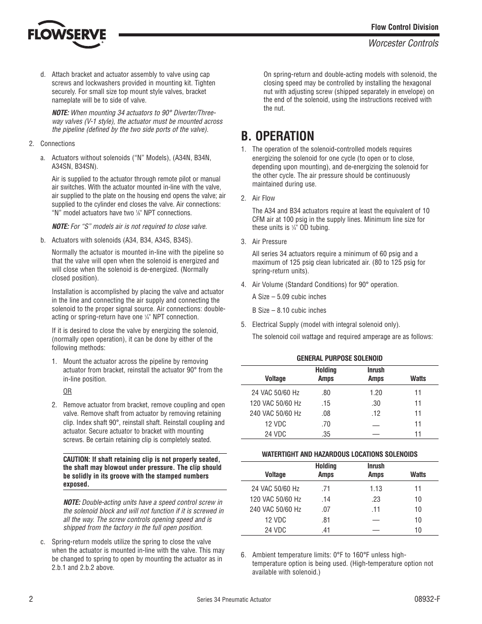 B. operation, Worcester controls | Flowserve 34 Series Pneumatic Actuator User Manual | Page 2 / 4