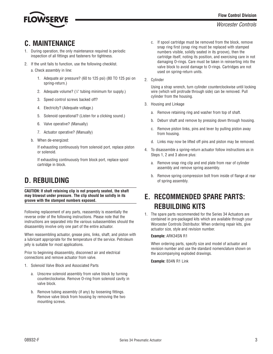 C. maintenance, D. rebuilding, E. recommended spare parts: rebuilding kits | Worcester controls | Flowserve 34 Series Pneumatic Actuator User Manual | Page 3 / 4