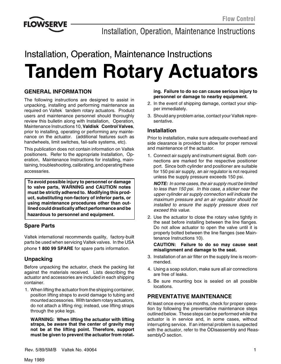 Flowserve Tandem Rotary Actuators User Manual | 4 pages