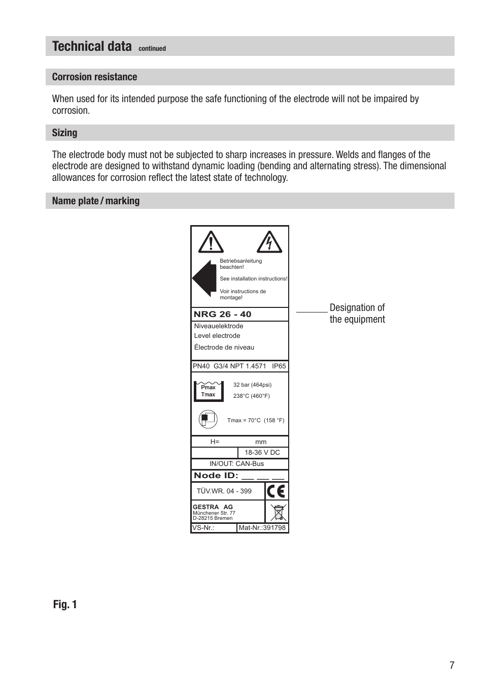 Technical data, Fig. 1, Designation of the equipment | Flowserve NRG 26-40 User Manual | Page 7 / 28