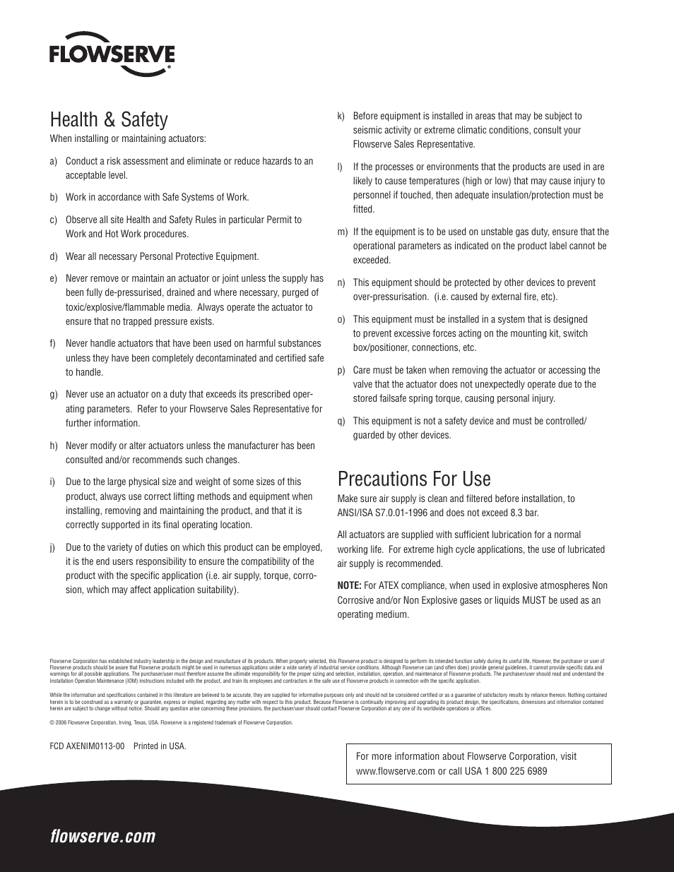 Health & safety, Precautions for use | Flowserve SX Series SuperNova Actuator User Manual | Page 2 / 2