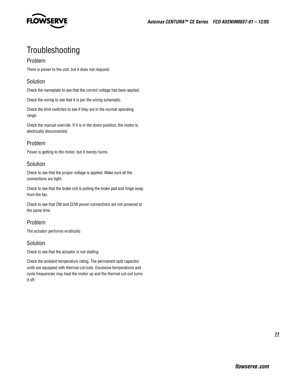 Troubleshooting | Flowserve CE Series Automax CENTURA User Manual | Page 11 / 12