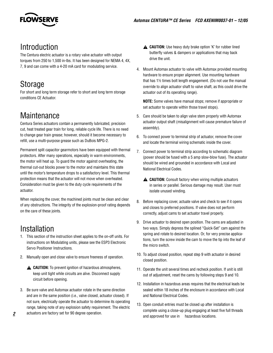 Introduction, Storage, Maintenance | Installation | Flowserve CE Series Automax CENTURA User Manual | Page 2 / 12