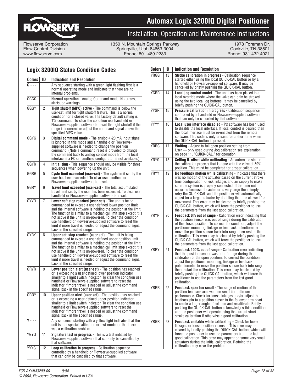 Automax logix 3200iq digital positioner, Logix 3200iq status condition codes | Flowserve Logix 3200IQ Digital Positioner User Manual | Page 12 / 32