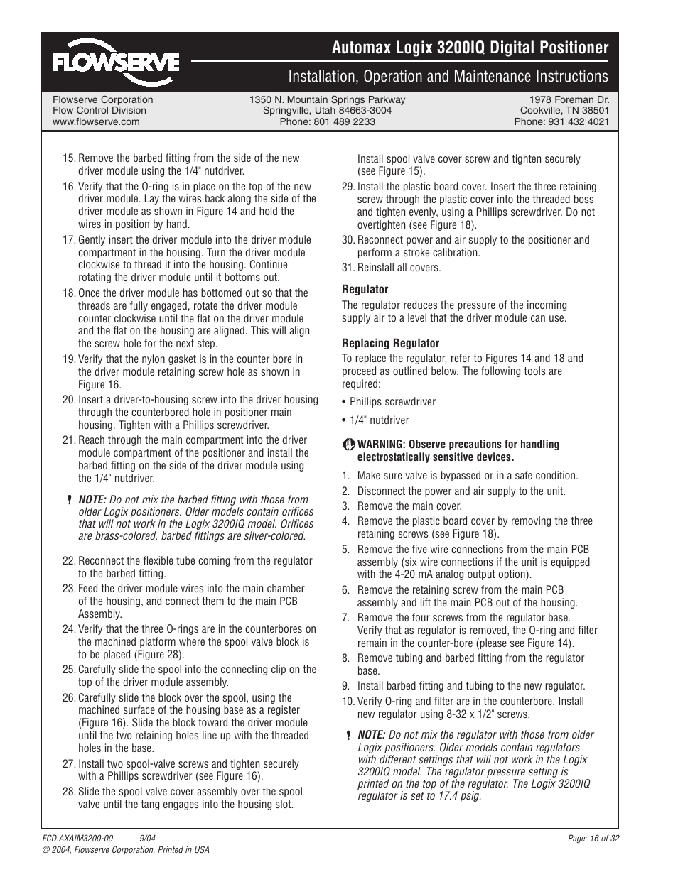 Automax logix 3200iq digital positioner | Flowserve Logix 3200IQ Digital Positioner User Manual | Page 16 / 32