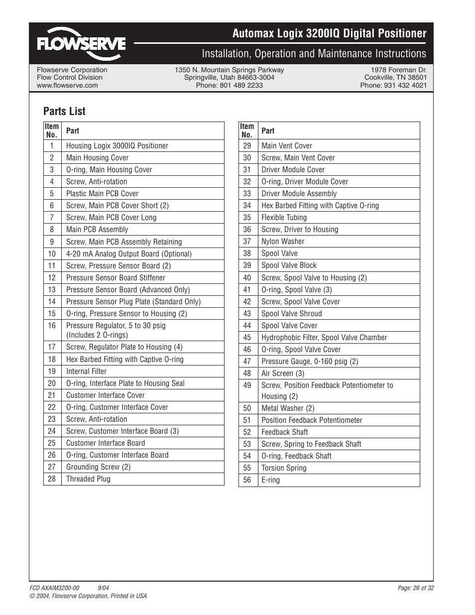 Automax logix 3200iq digital positioner, Parts list | Flowserve Logix 3200IQ Digital Positioner User Manual | Page 26 / 32