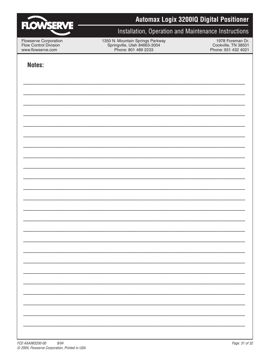 Automax logix 3200iq digital positioner | Flowserve Logix 3200IQ Digital Positioner User Manual | Page 31 / 32