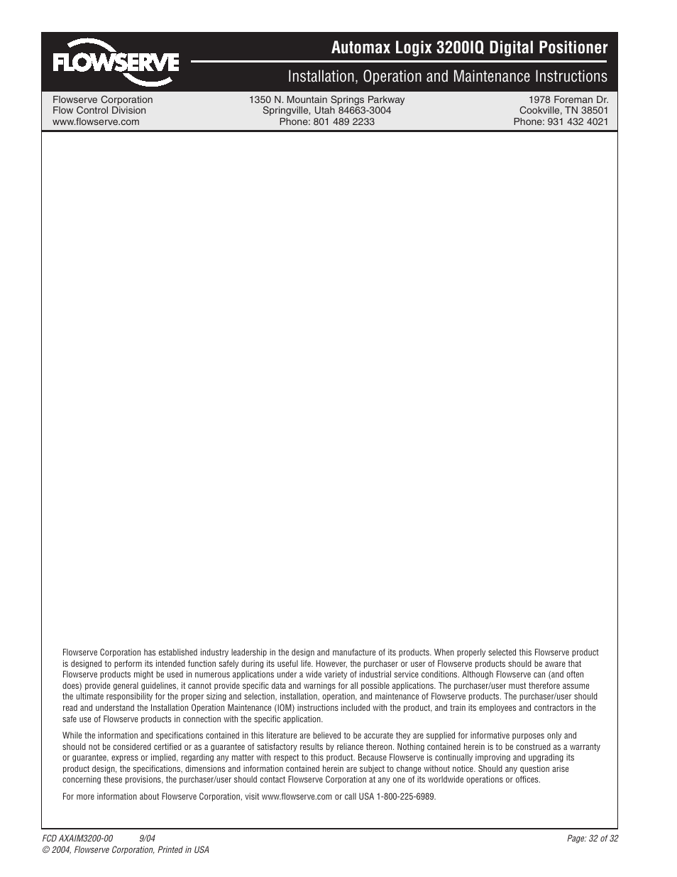 Automax logix 3200iq digital positioner | Flowserve Logix 3200IQ Digital Positioner User Manual | Page 32 / 32