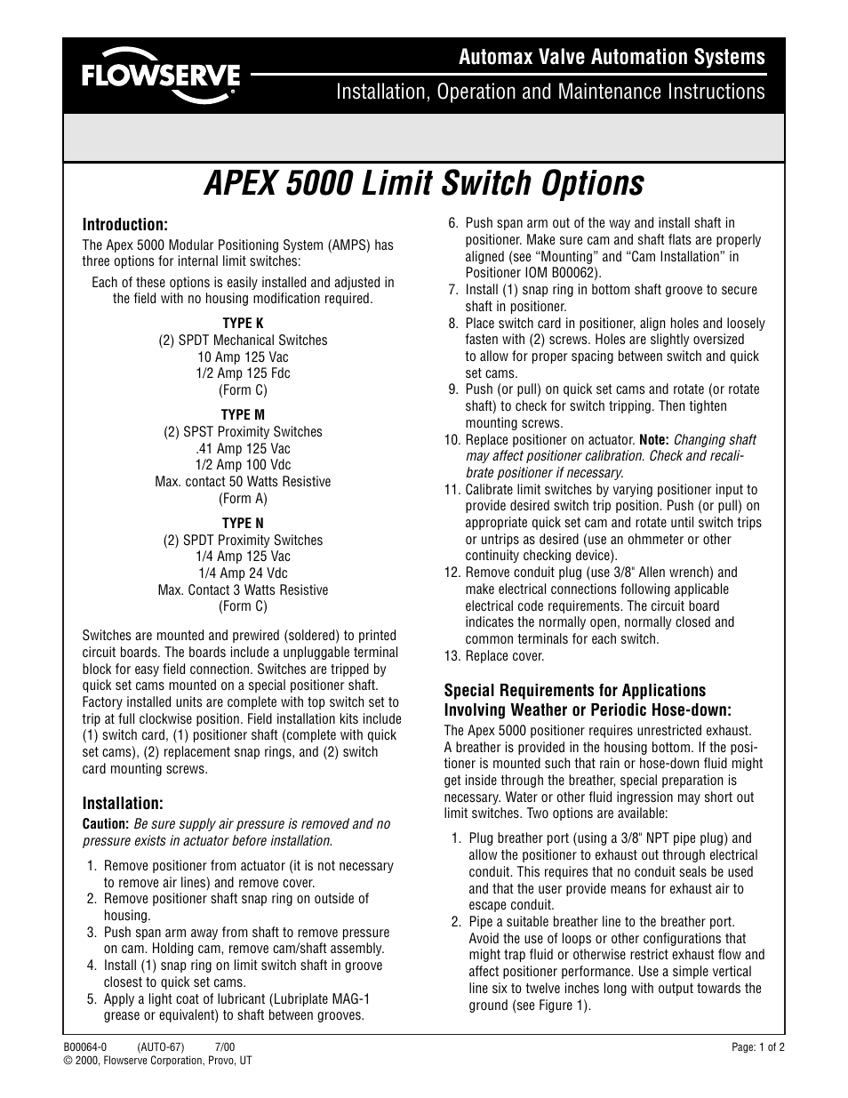 Flowserve APEX 5000 Limit Switch Options User Manual | 2 pages