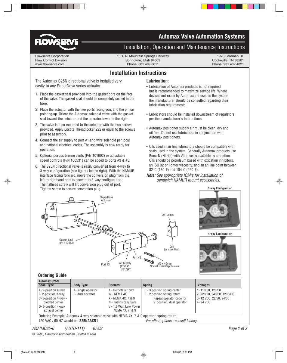 Installation instructions | Flowserve S25N NAMUR Directional Valve User Manual | Page 2 / 2