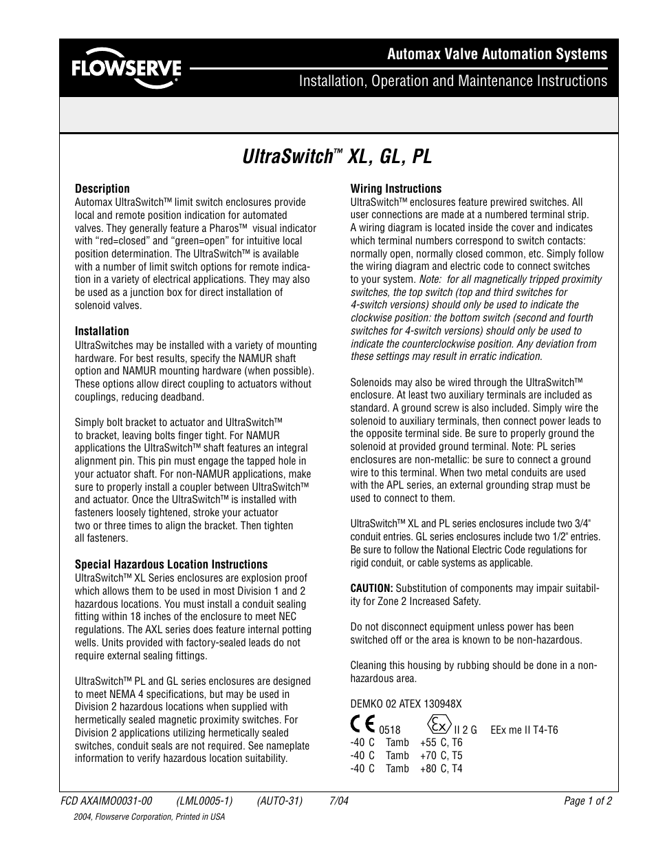 Flowserve XL UltraSwitch User Manual | 2 pages