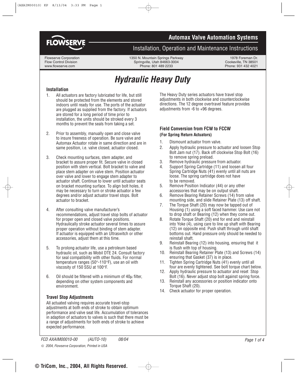 Flowserve Hydraulic Heavy Duty Actuators User Manual | 4 pages