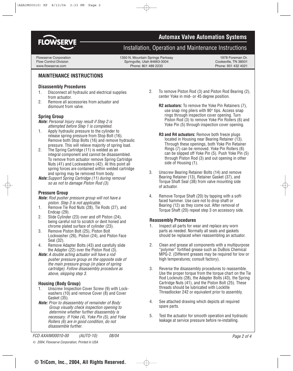 Flowserve Hydraulic Heavy Duty Actuators User Manual | Page 2 / 4