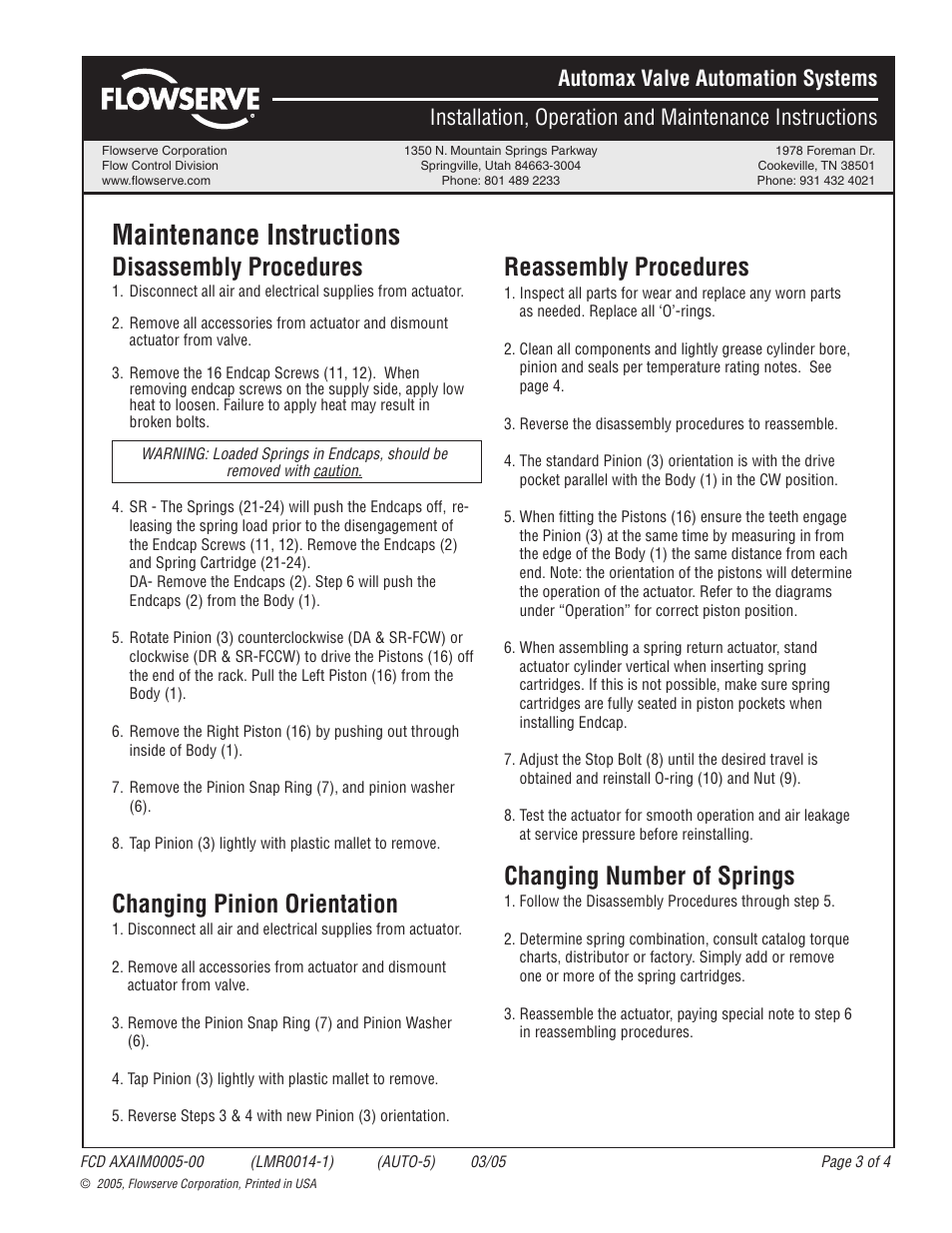 Maintenance instructions, Disassembly procedures, Changing pinion orientation | Reassembly procedures, Changing number of springs | Flowserve SNA250 User Manual | Page 3 / 4