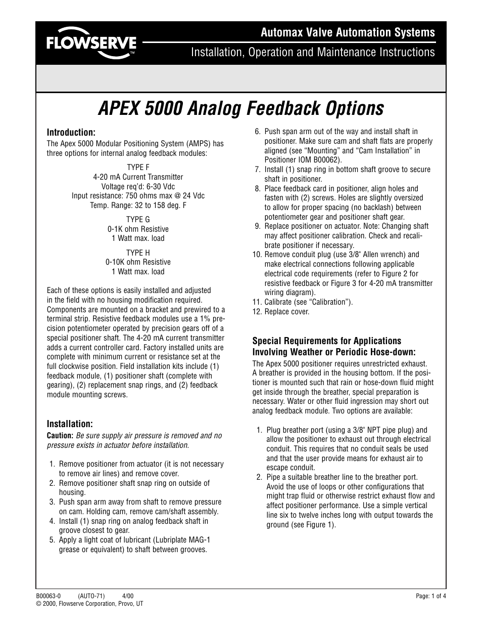Flowserve APEX 5000 Analog Feedback Options User Manual | 4 pages
