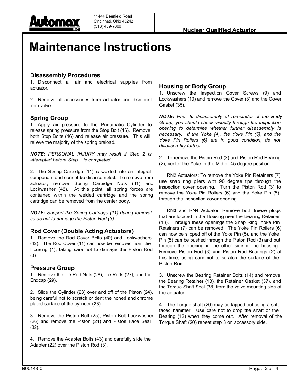 Maintenance instructions | Flowserve Nuclear Qualified Pneumatic Actuator User Manual | Page 2 / 4