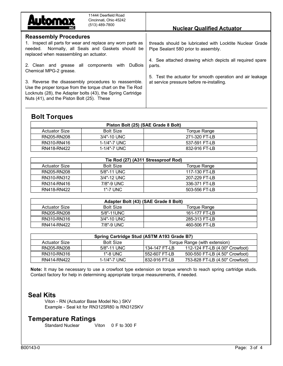 Bolt torques, Seal kits, Temperature ratings | Flowserve Nuclear Qualified Pneumatic Actuator User Manual | Page 3 / 4