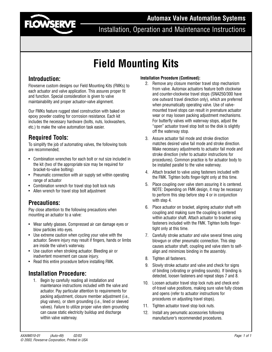 Flowserve Field Mounting Kits User Manual | 1 page