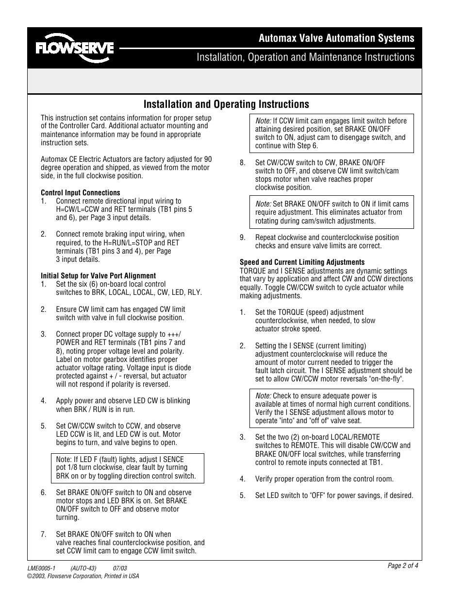 Installation and operating instructions | Flowserve DC Motor Controller Board User Manual | Page 2 / 4