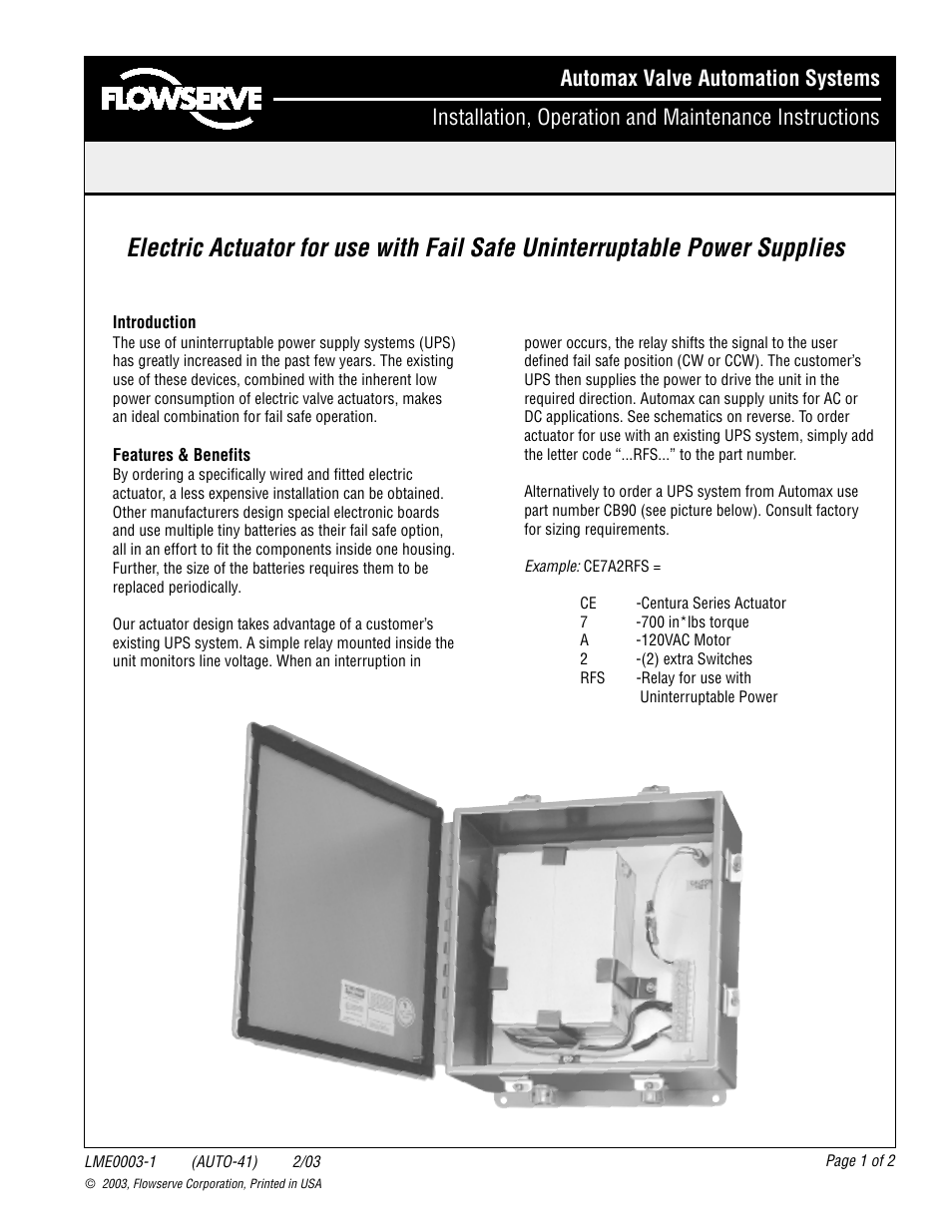 Flowserve Electric Actuator for use with Fail Safe Uninterruptable Power Supplies User Manual | 2 pages