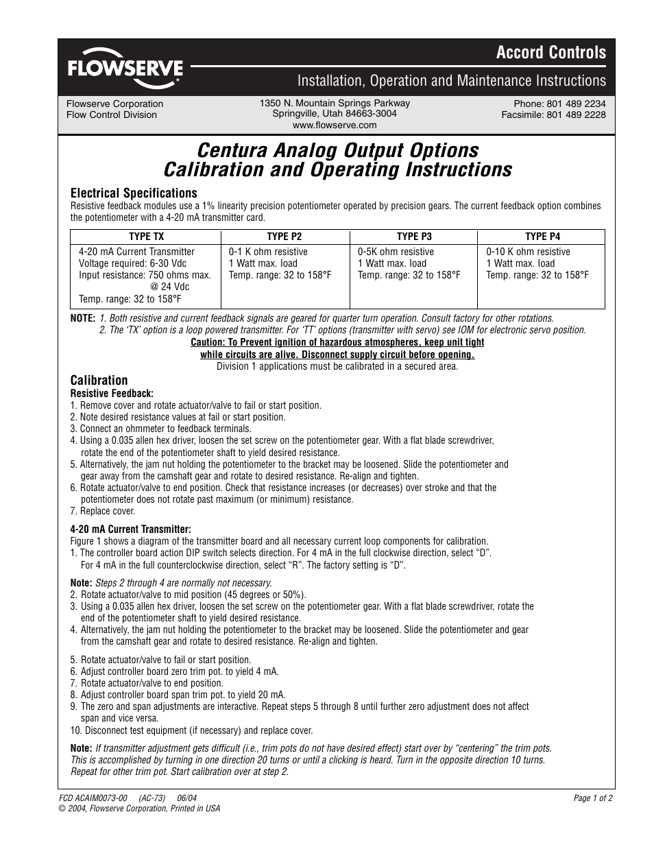 Flowserve Accord Centura Analog Output Options User Manual | 2 pages