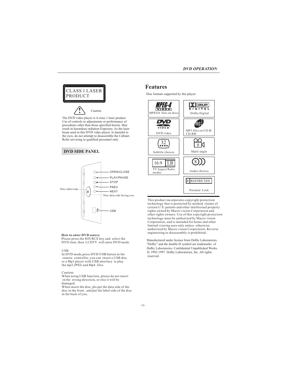 Features, Class 1 laser product, 9 lb | Curtis LCDVD194A User Manual | Page 16 / 26