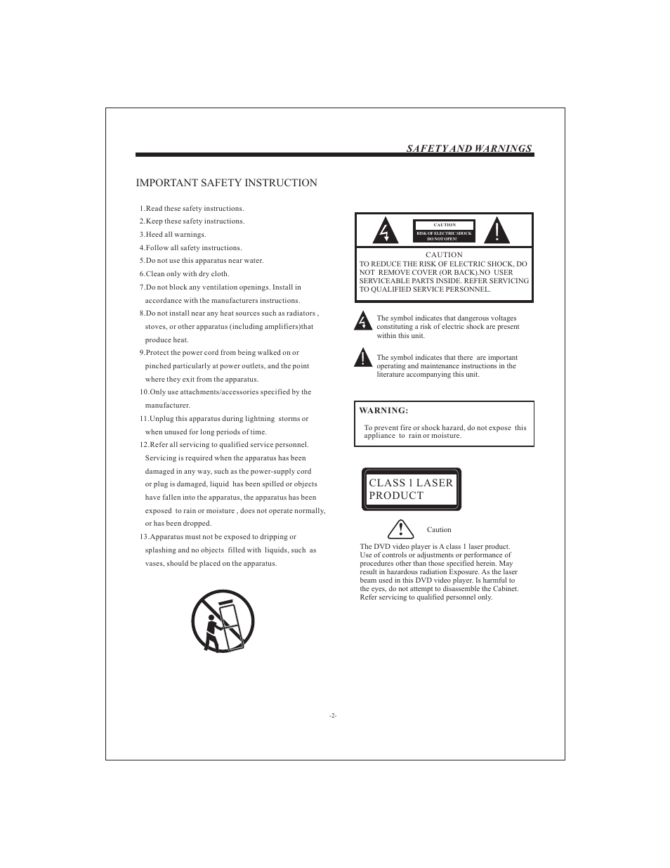 Important safety instruction, Class 1 laser product, Safety and warnings | Curtis LCDVD194A User Manual | Page 3 / 26